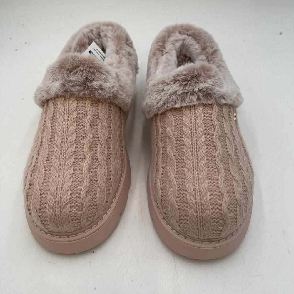Bobs from Sketchers Slippers Womens Pink Cable Knit Faux Fur Lined Cozy Size 8